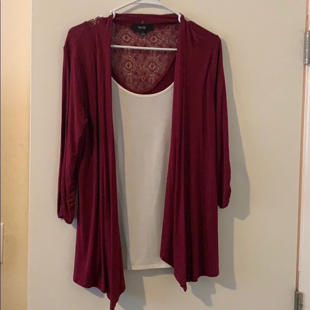 Red cardigan/white top